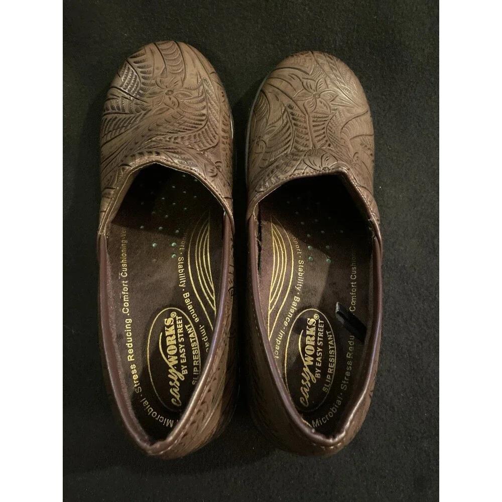 Women's Clogs Chef Nurse Shoes Floral Size 9.5 Brown Comfort Slip On Easy Street